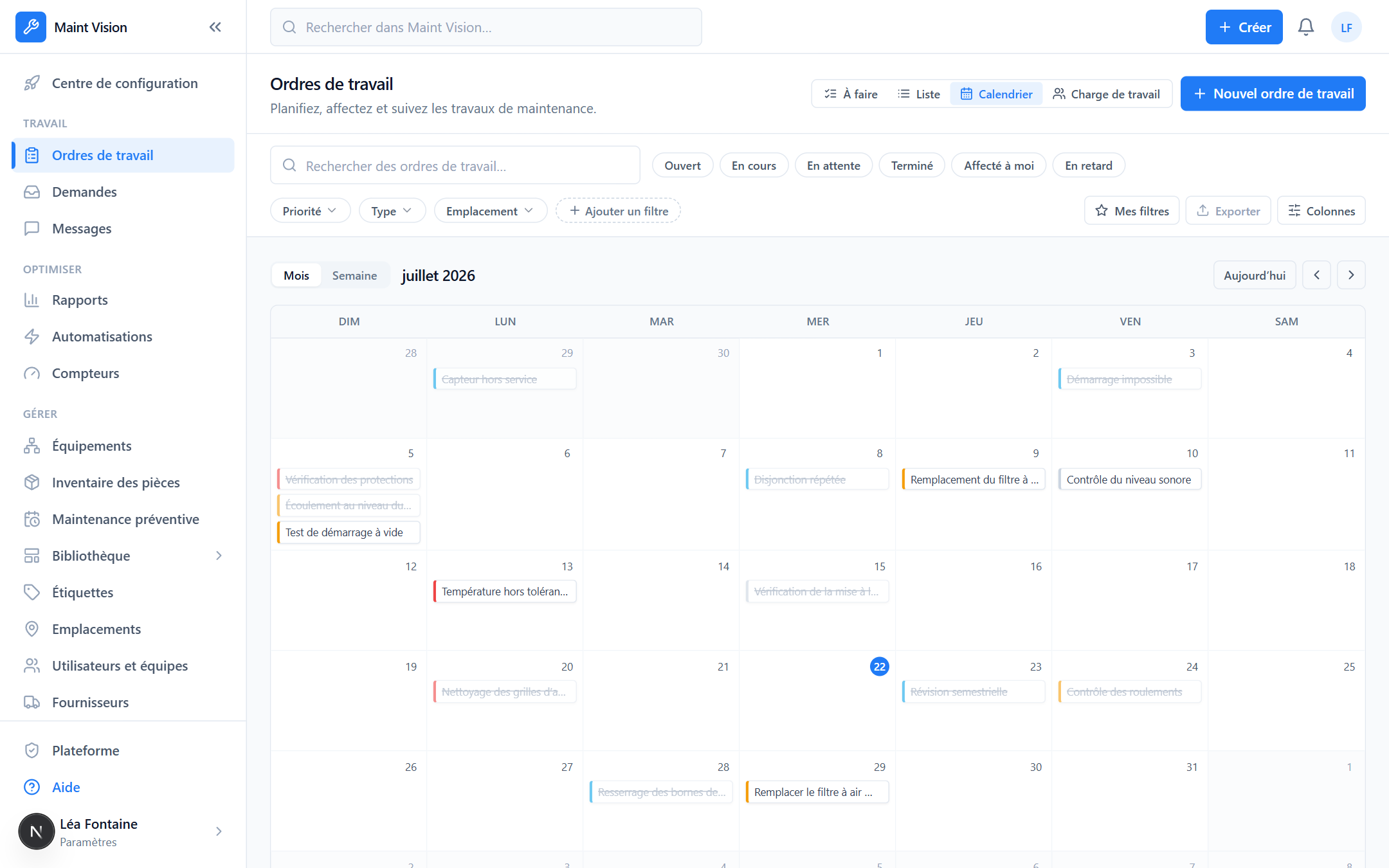 Le calendrier des ordres de travail dans Maint Vision